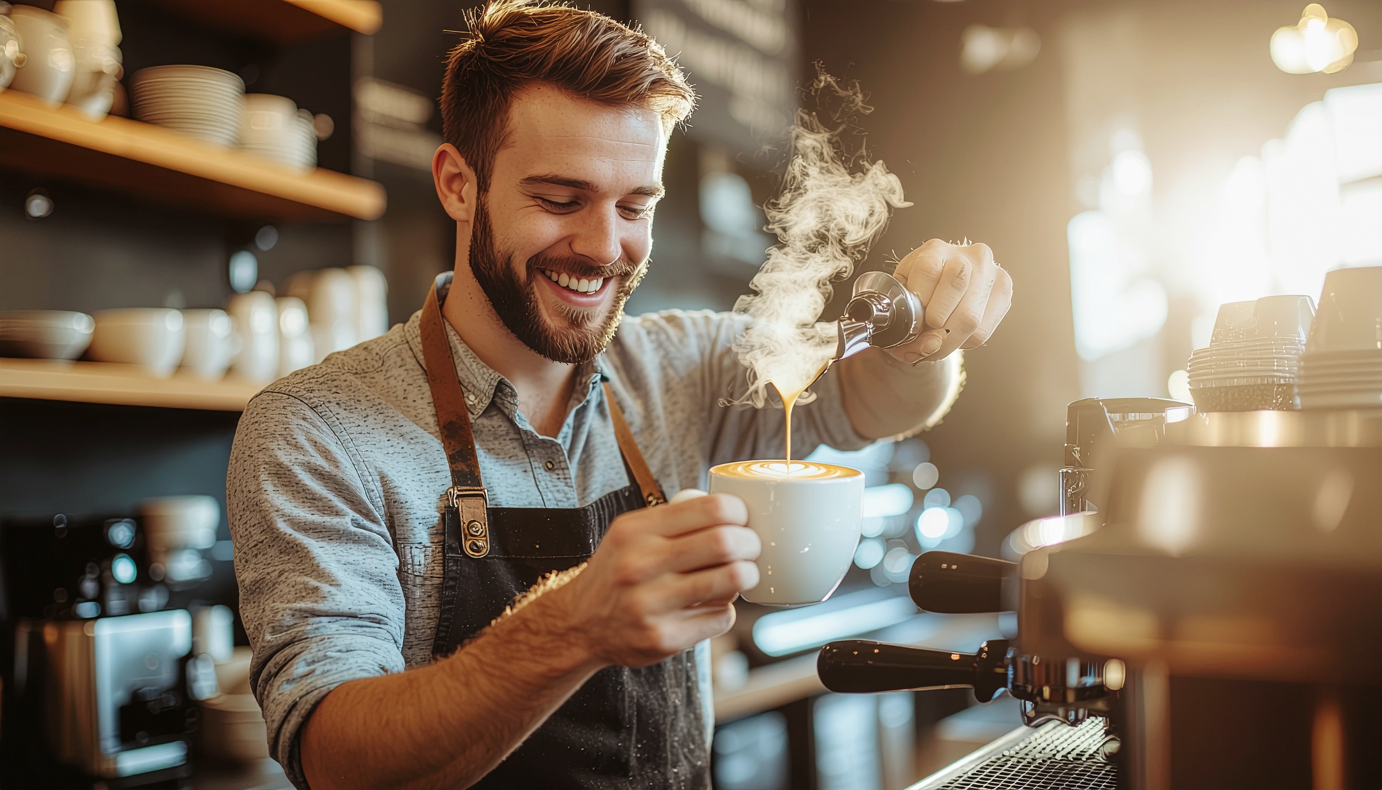 Barista sorridente prepara uma xícara de café expresso em uma cafeteria bem iluminada. O vapor do café recém-feito cria uma atmosfera acolhedora, enquanto a luz suave do ambiente destaca o sorriso do barista e a textura espumante do café. A composição é centralizada, com foco nítido nos detalhes do rosto do barista e da bebida, transmitindo um senso de habilidade e prazer na arte de fazer café.